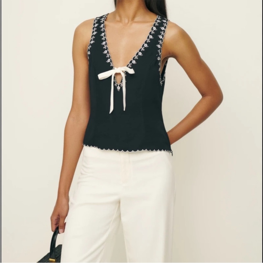 Reformation Black Top with White Floral Trim